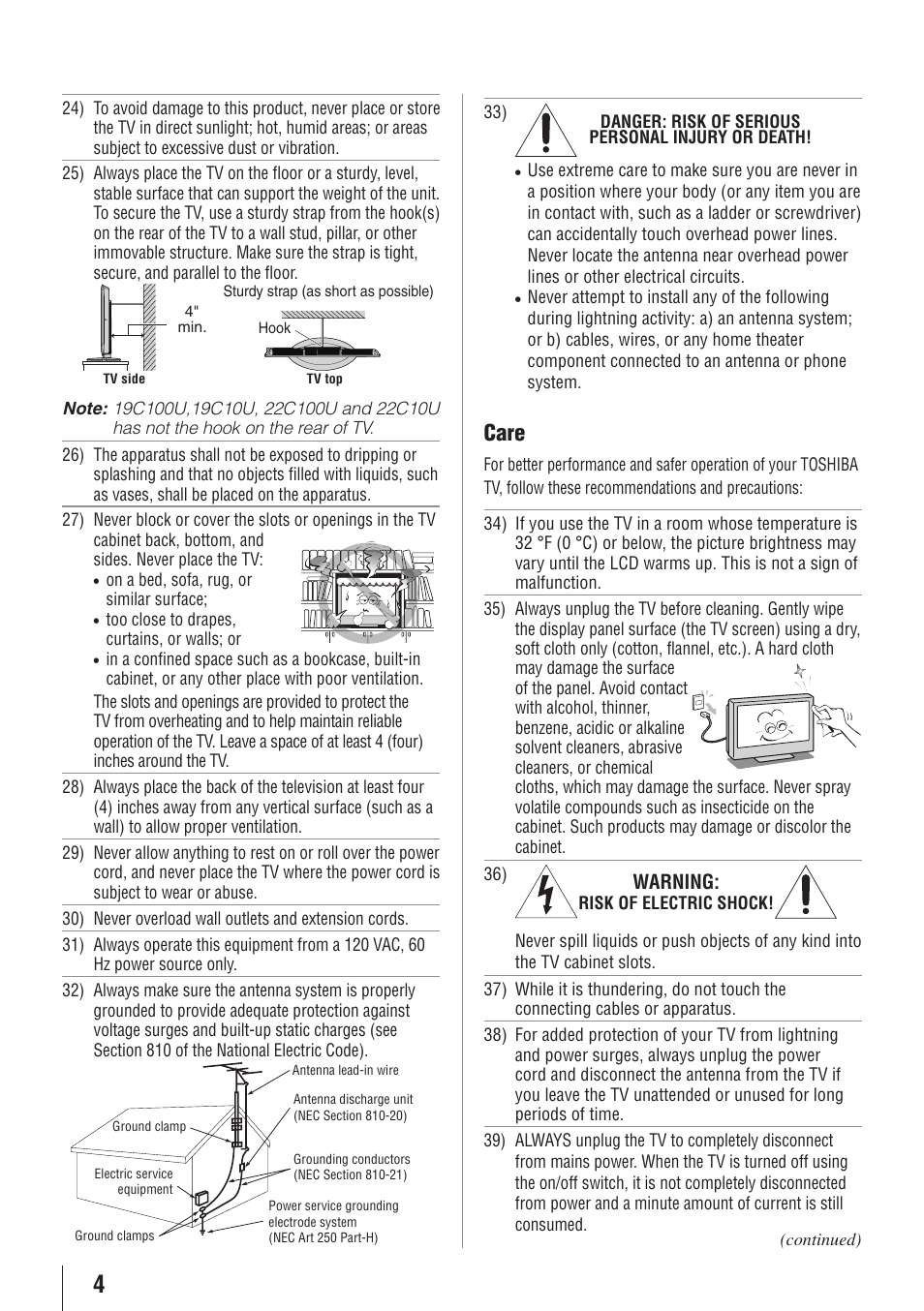 Care | Toshiba 19C100U User Manual | Page 4 / 62