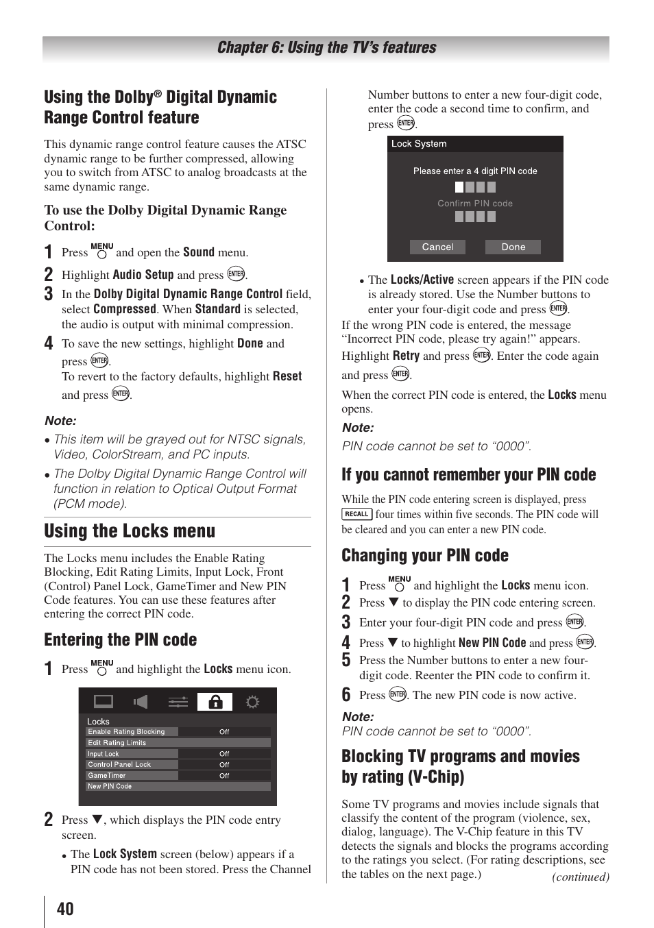 Using the locks menu, 40 using the dolby, Digital dynamic range control feature | Entering the pin code, If you cannot remember your pin code, Changing your pin code, Blocking tv programs and movies by rating (v-chip) | Toshiba 19C100U User Manual | Page 40 / 62