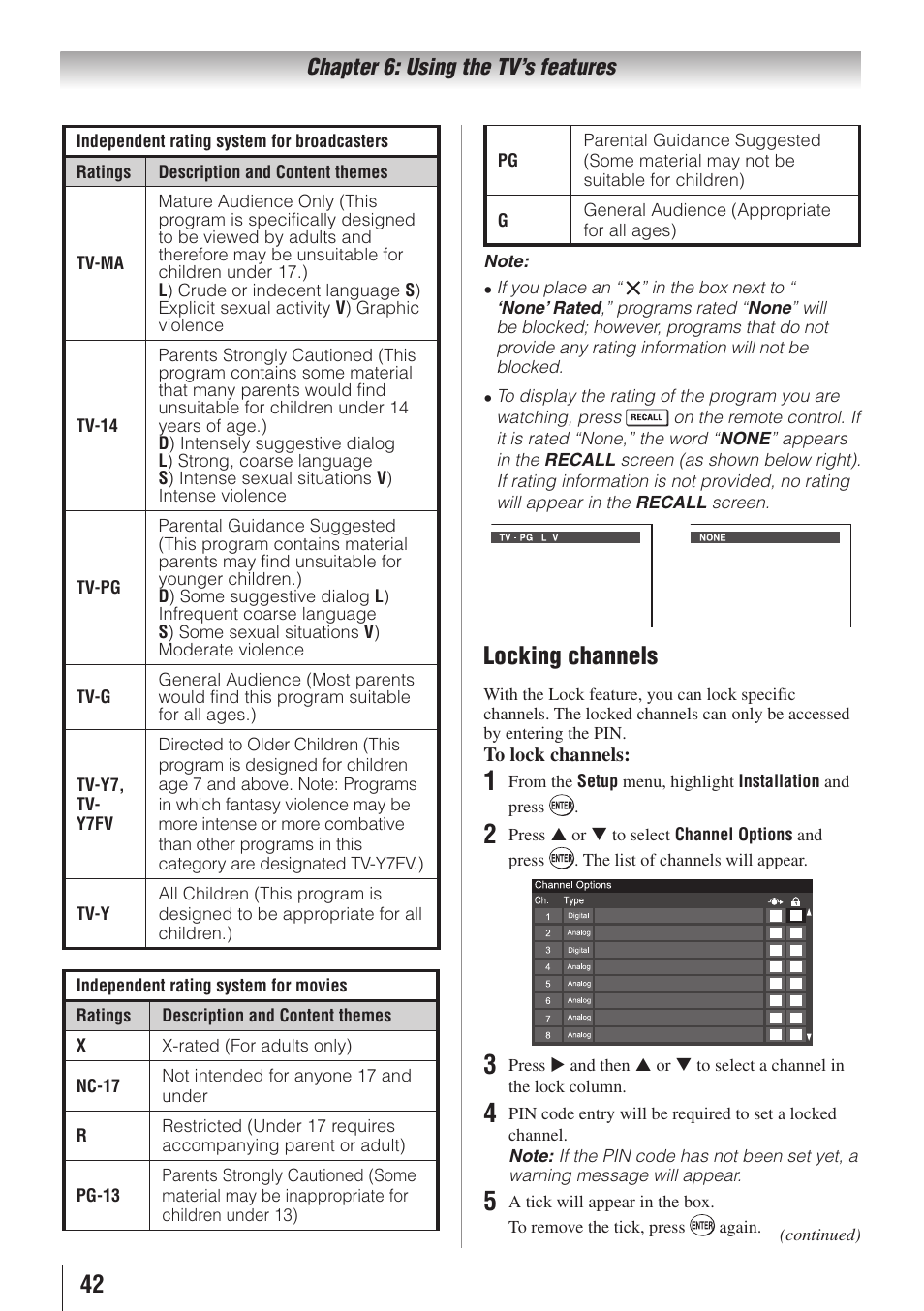 Locking channels | Toshiba 19C100U User Manual | Page 42 / 62