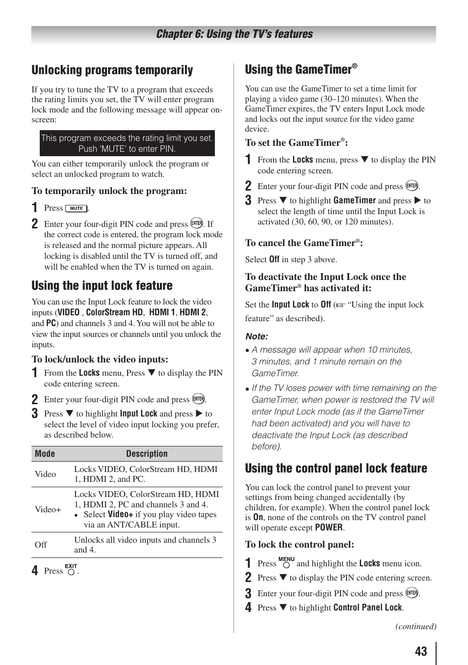 43 unlocking programs temporarily, Using the input lock feature, Using the gametimer | Using the control panel lock feature | Toshiba 19C100U User Manual | Page 43 / 62