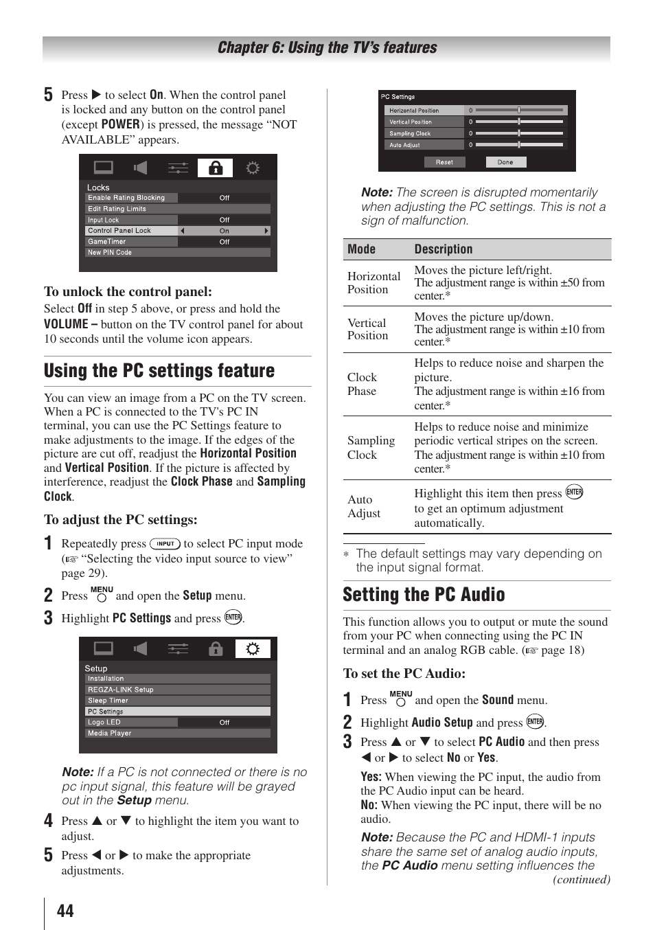 Using the pc settings feature, Setting the pc audio | Toshiba 19C100U User Manual | Page 44 / 62