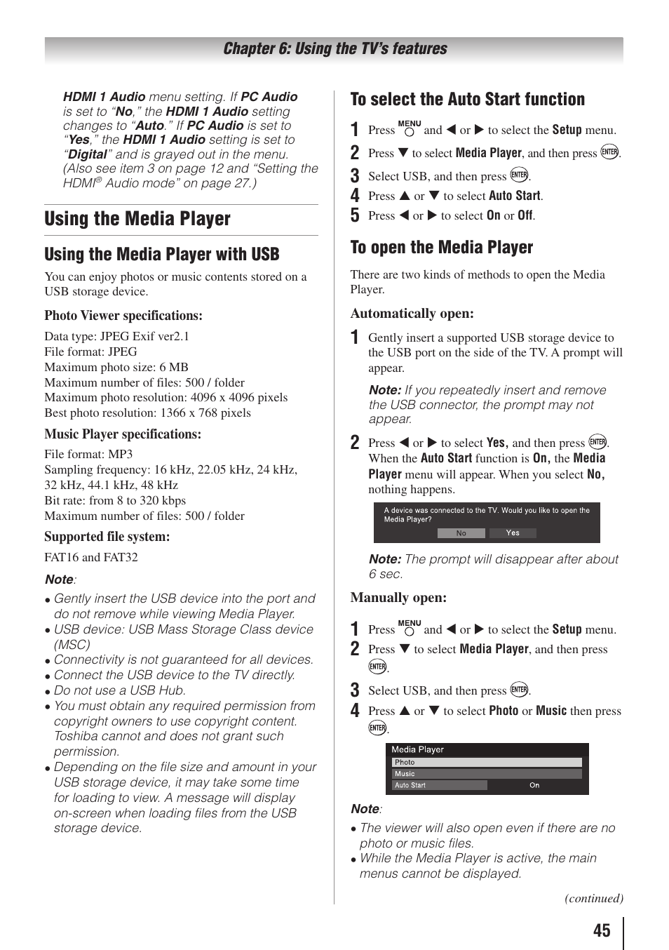 Using the media player, Using the media player with usb | Toshiba 19C100U User Manual | Page 45 / 62