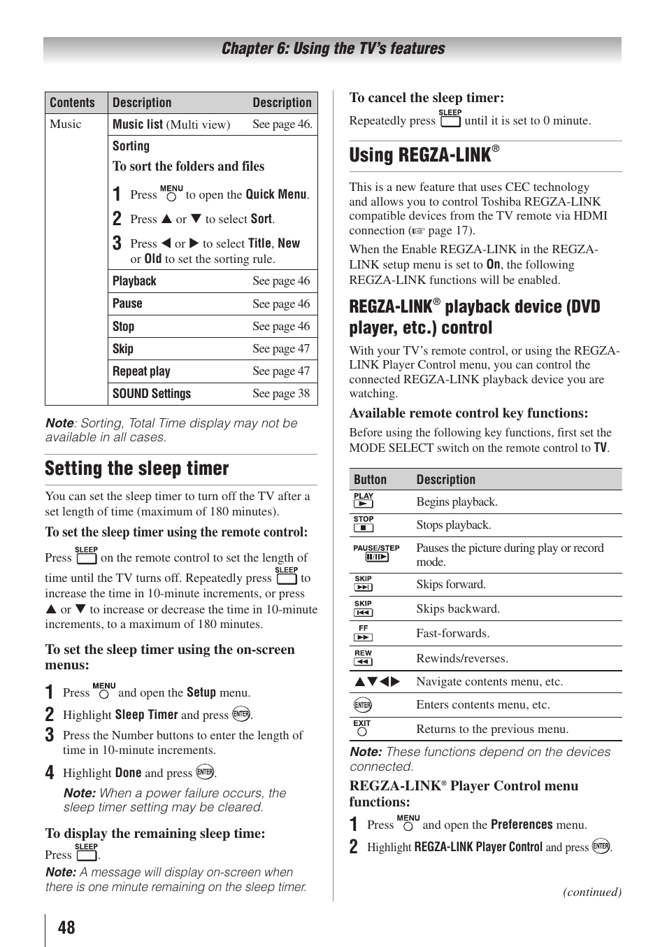 Setting the sleep timer, Using regza-link, Regza-link | Playback device (dvd player, etc.) control | Toshiba 19C100U User Manual | Page 48 / 62