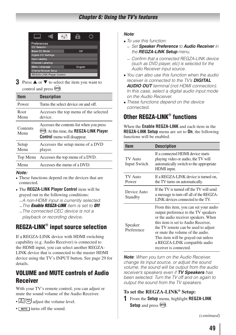 Regza-link, Input source selection, Volume and mute controls of audio receiver | Other regza-link, Functions | Toshiba 19C100U User Manual | Page 49 / 62