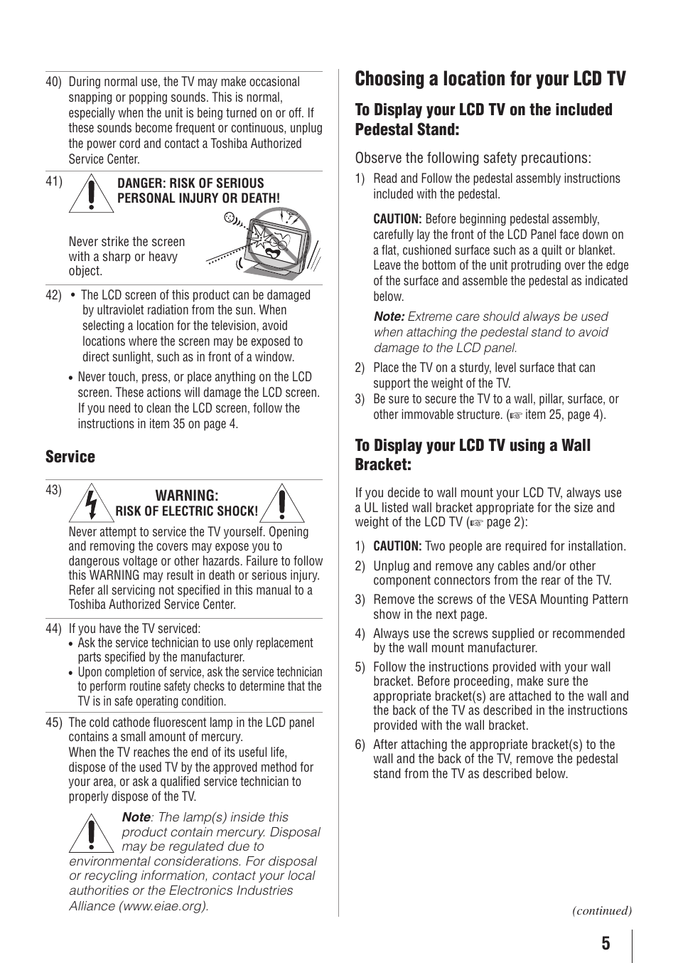 Choosing a location for your lcd tv, Service | Toshiba 19C100U User Manual | Page 5 / 62