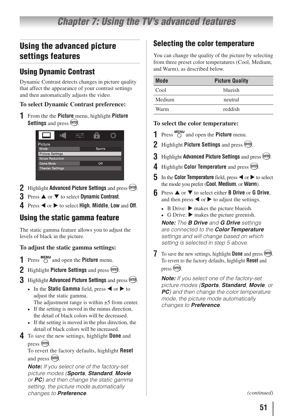 Chapter 7: using the tv’s advanced features, Using the advanced picture settings features, Using dynamic contrast | Using the static gamma feature, Selecting the color temperature | Toshiba 19C100U User Manual | Page 51 / 62