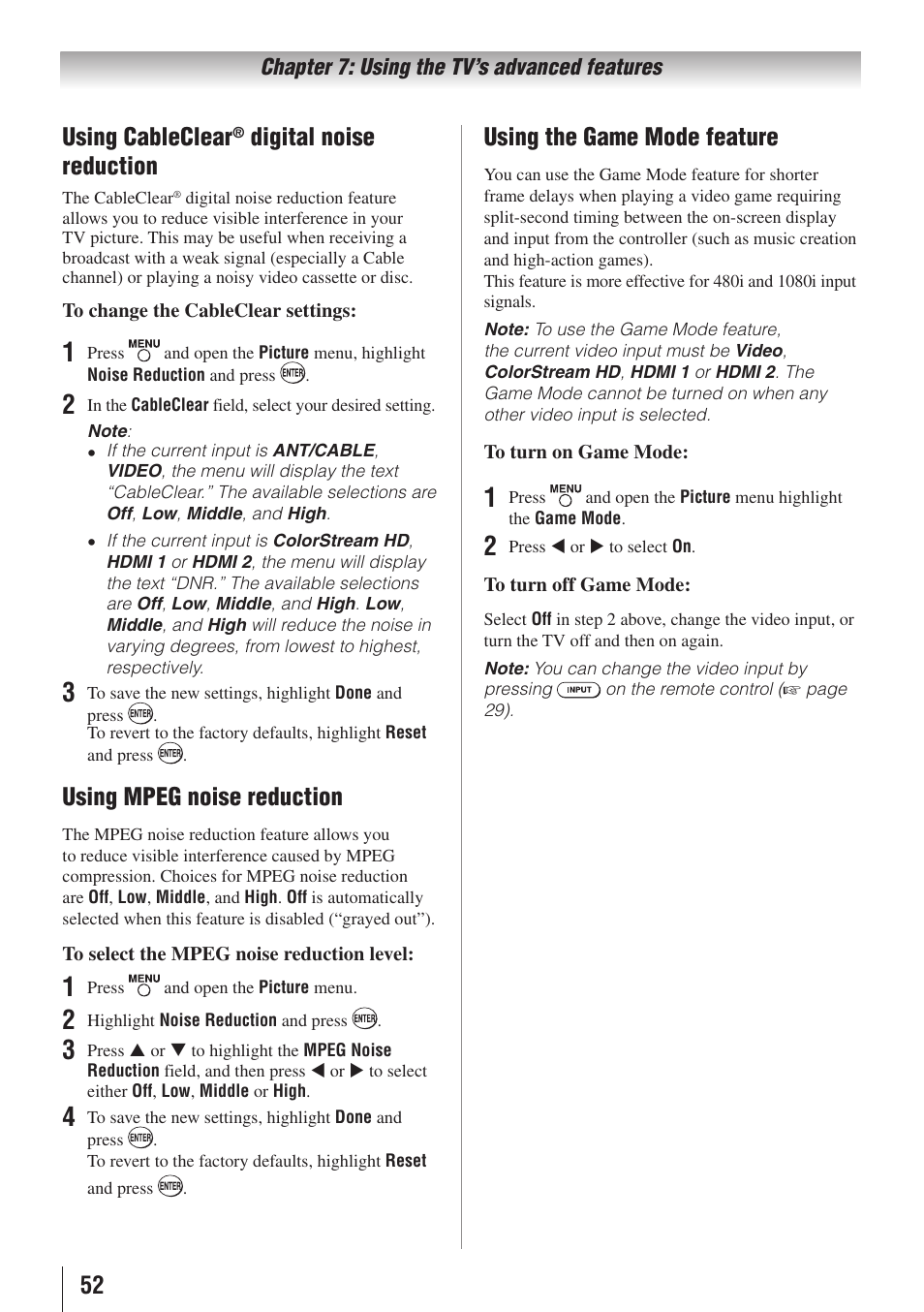 52 using cableclear, Digital noise reduction, Using mpeg noise reduction | Using the game mode feature | Toshiba 19C100U User Manual | Page 52 / 62