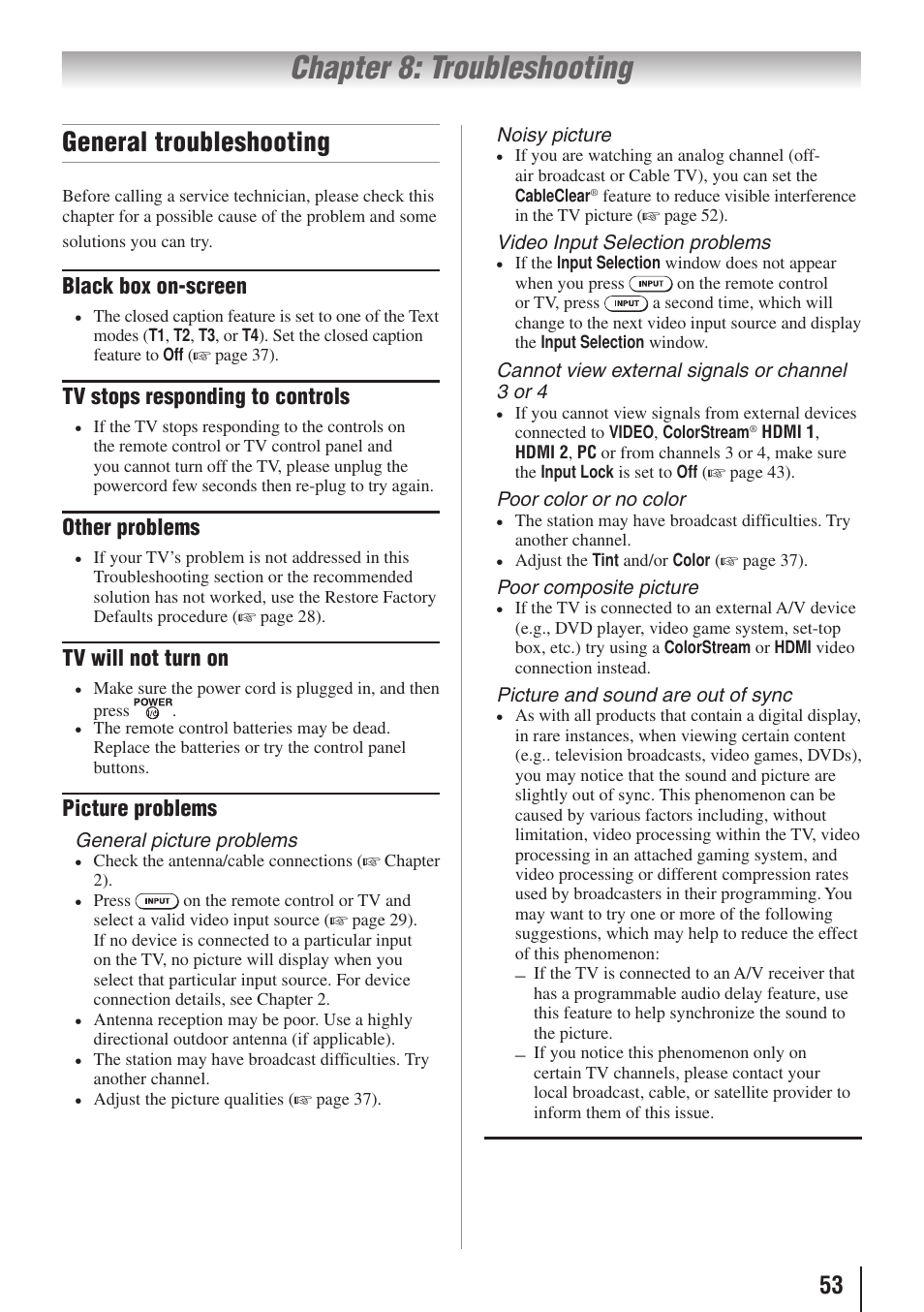 Chapter 8: troubleshooting, General troubleshooting | Toshiba 19C100U User Manual | Page 53 / 62