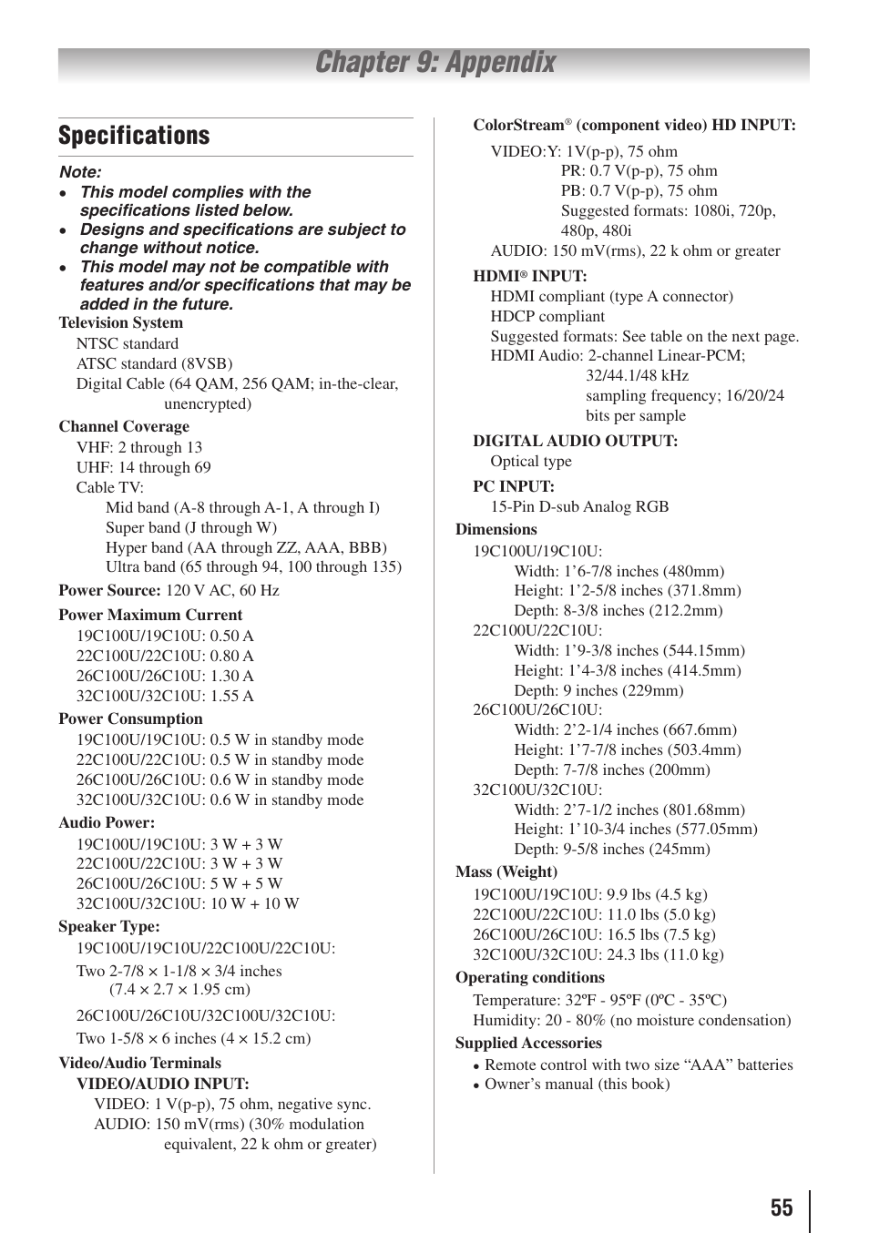 Chapter 9: appendix, Specifications | Toshiba 19C100U User Manual | Page 55 / 62