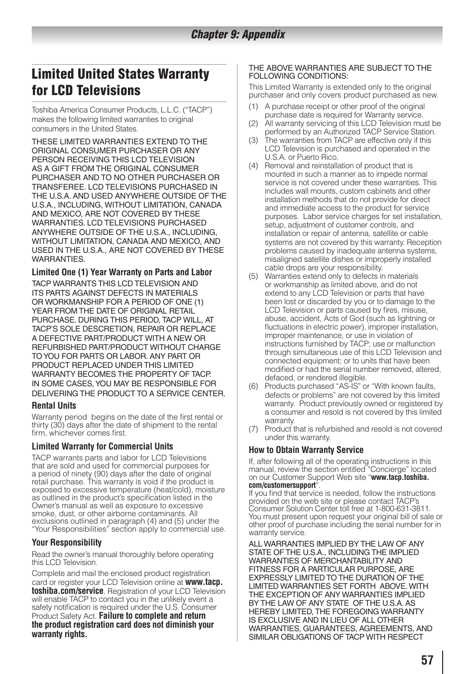 Limited united states warranty for lcd televisions, Chapter 9: appendix | Toshiba 19C100U User Manual | Page 57 / 62