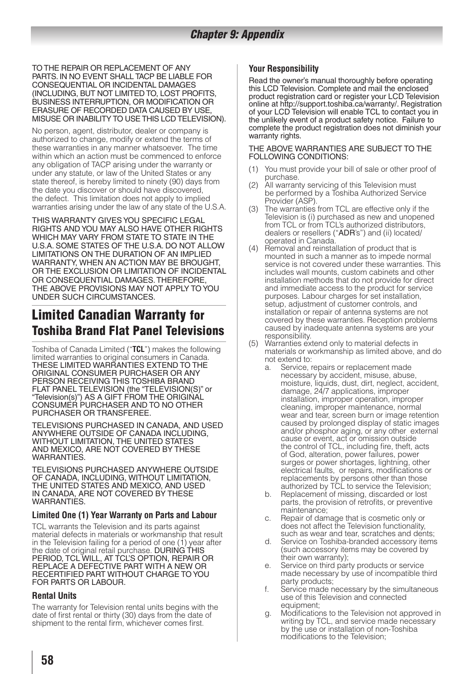 Limited canadian warranty, For toshiba brand flat panel televisions, Chapter 9: appendix | Toshiba 19C100U User Manual | Page 58 / 62