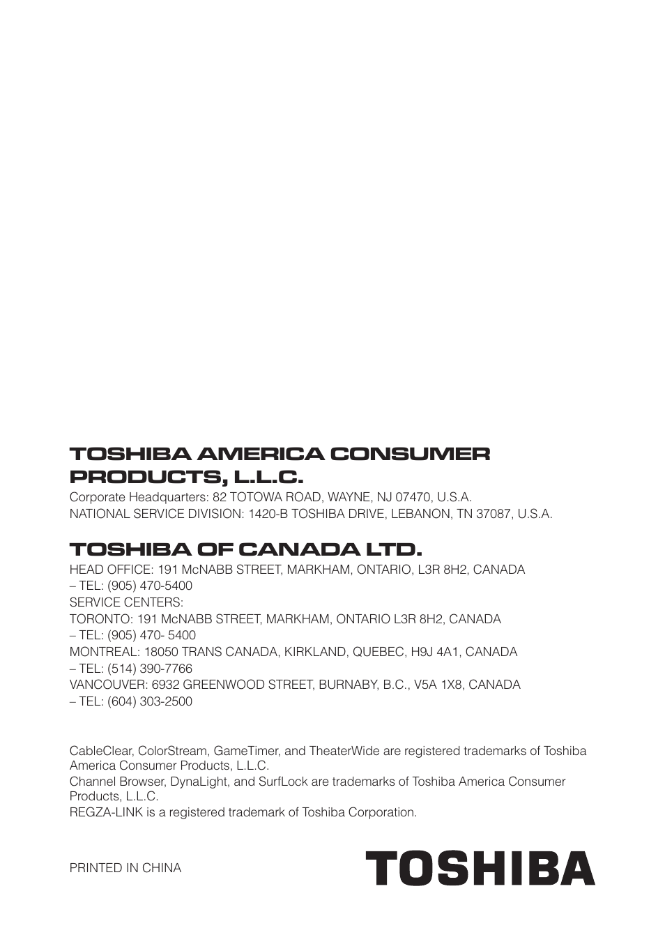 Toshiba america consumer products, l.l.c, Toshiba of canada ltd | Toshiba 19C100U User Manual | Page 62 / 62