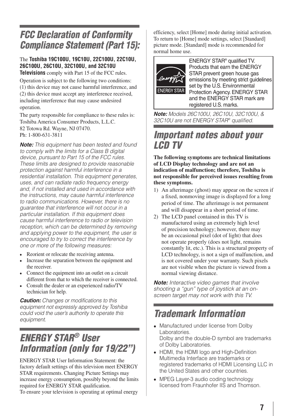 Energy star, User information (only for 19/22”), Trademark information | Toshiba 19C100U User Manual | Page 7 / 62