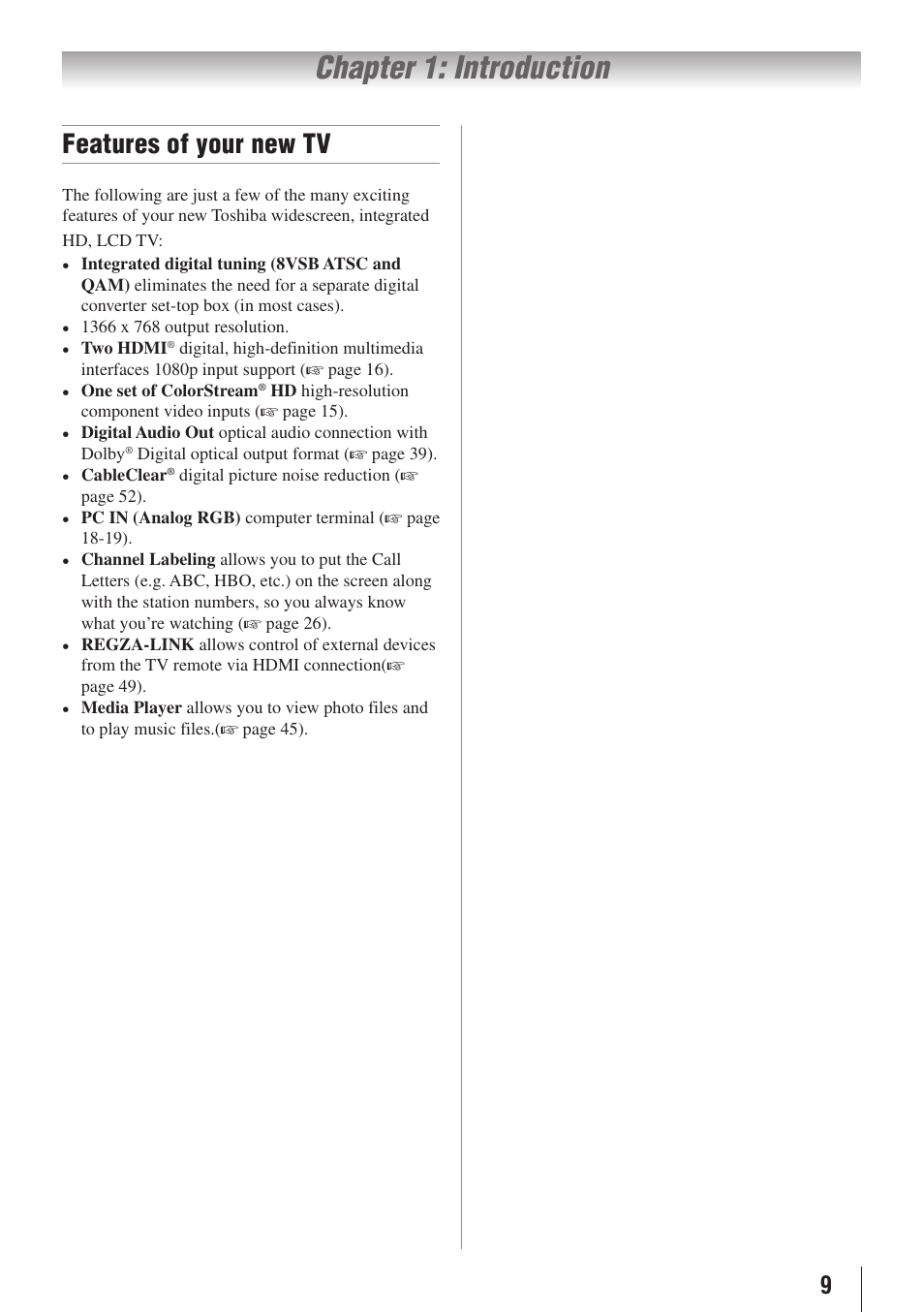 Chapter 1: introduction, Features of your new tv | Toshiba 19C100U User Manual | Page 9 / 62