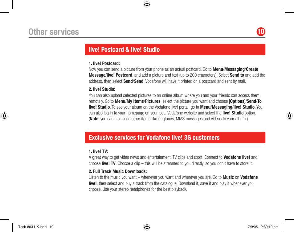 Other services, Live! postcard & live! studio, Exclusive services for vodafone live! 3g customers | Toshiba 803 User Manual | Page 10 / 12