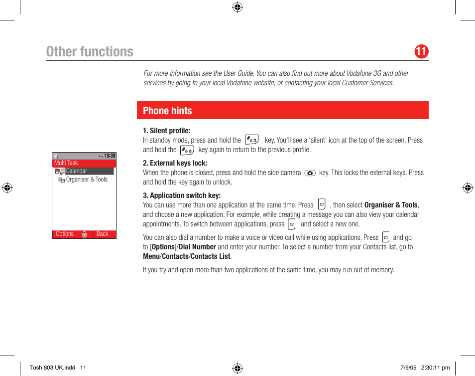 Other functions, Phone hints | Toshiba 803 User Manual | Page 11 / 12