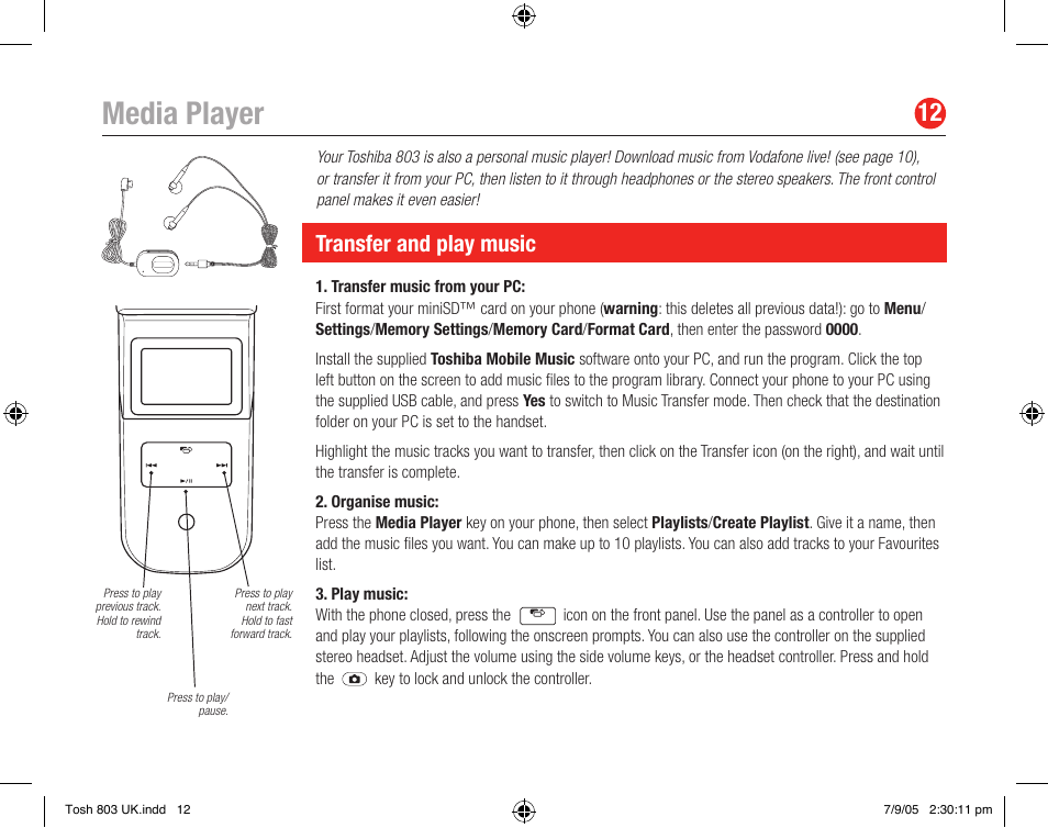 Media player, Transfer and play music | Toshiba 803 User Manual | Page 12 / 12