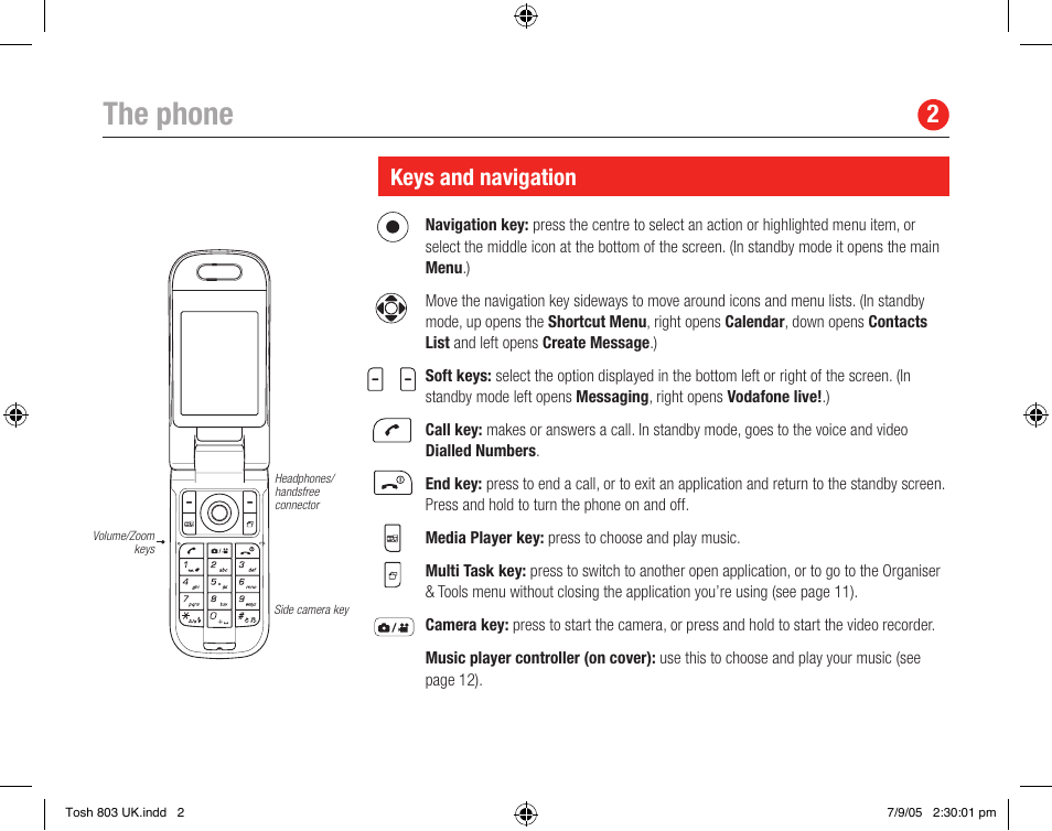 The phone, Keys and navigation | Toshiba 803 User Manual | Page 2 / 12