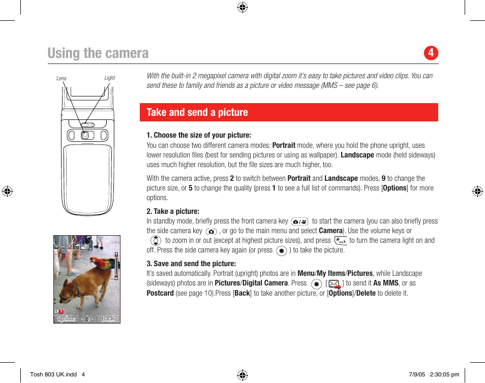 Using the camera, Take and send a picture | Toshiba 803 User Manual | Page 4 / 12