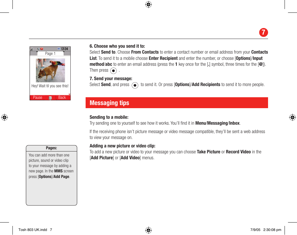 Messaging tips | Toshiba 803 User Manual | Page 7 / 12