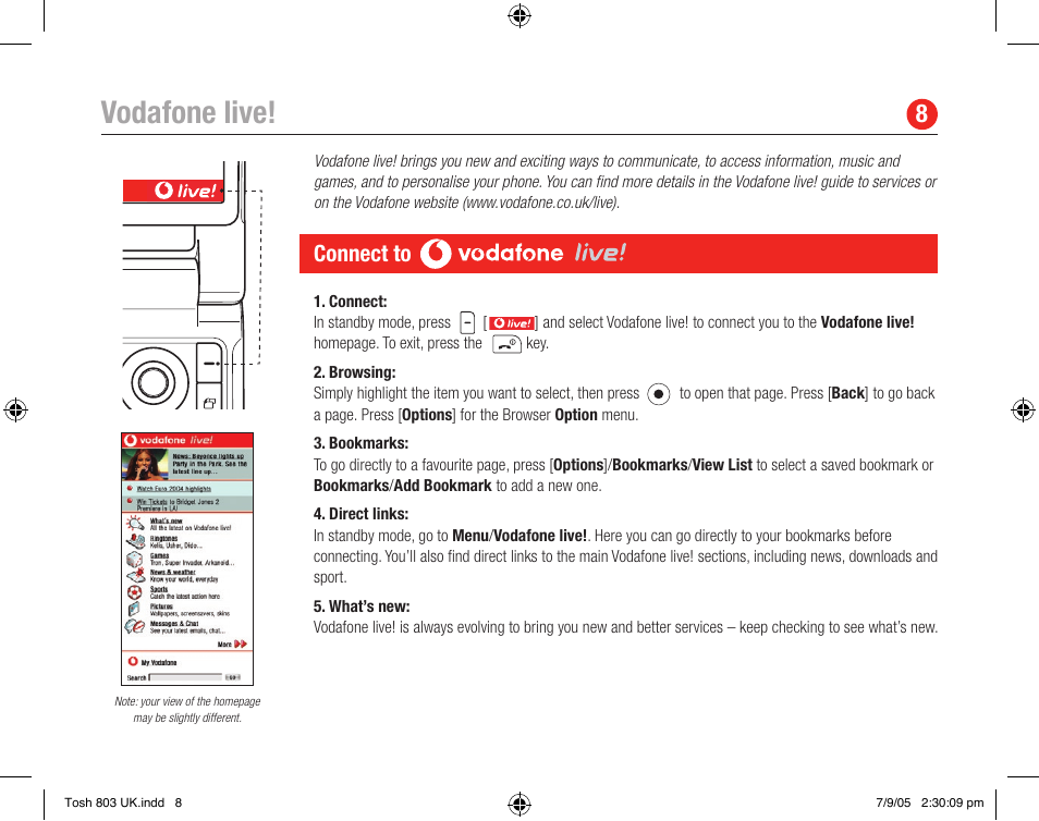Vodafone live, Connect to | Toshiba 803 User Manual | Page 8 / 12