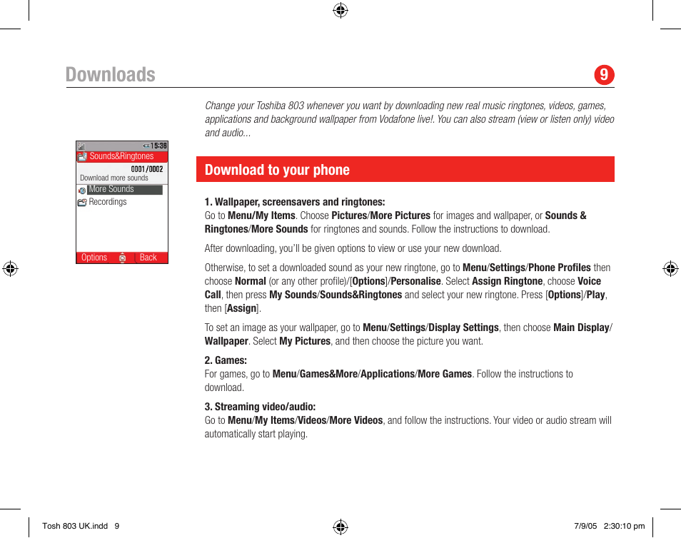 Downloads, Download to your phone | Toshiba 803 User Manual | Page 9 / 12