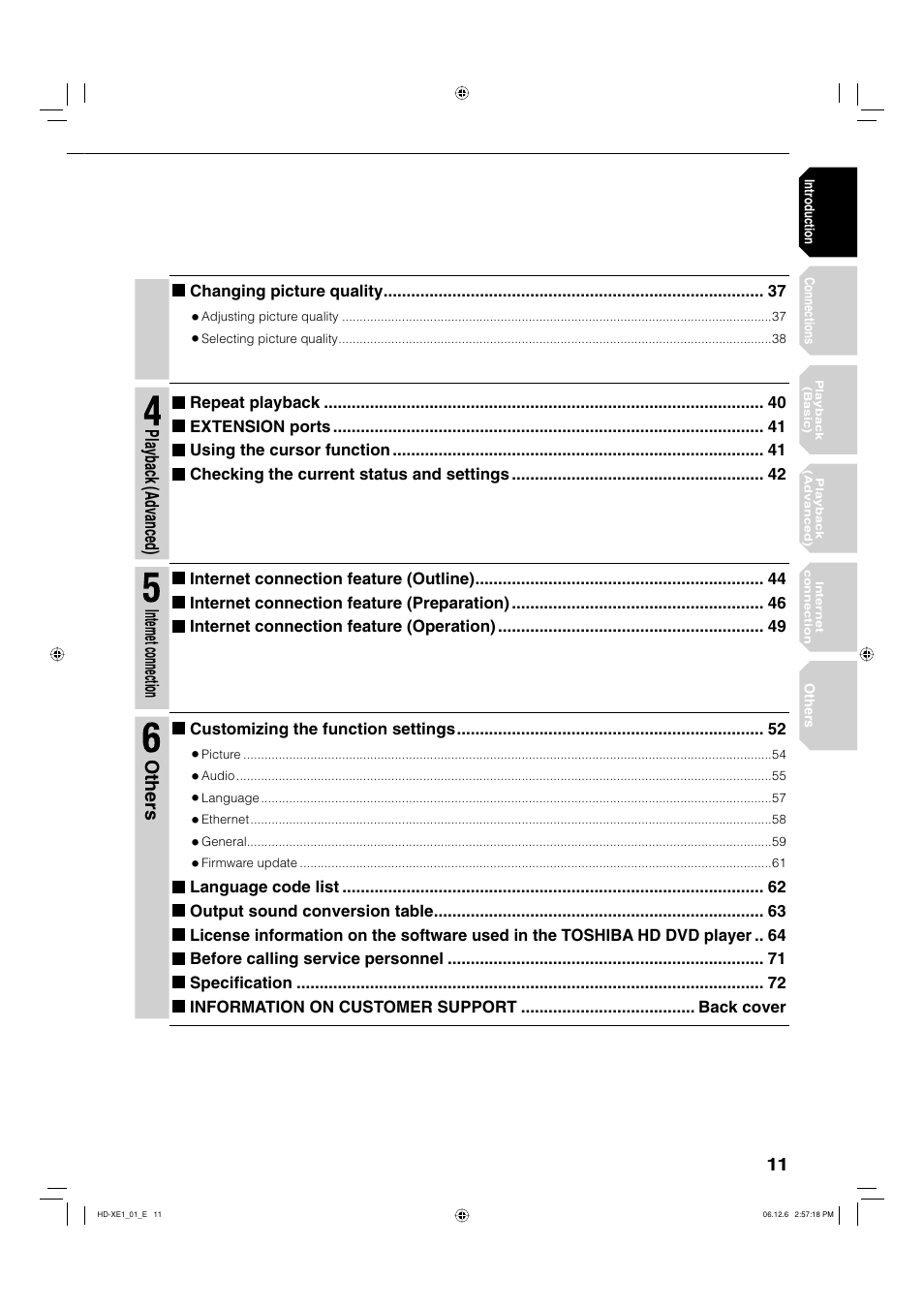 Playback (advanced), Internet connection, Others | Toshiba HD-XE1 User Manual | Page 11 / 76