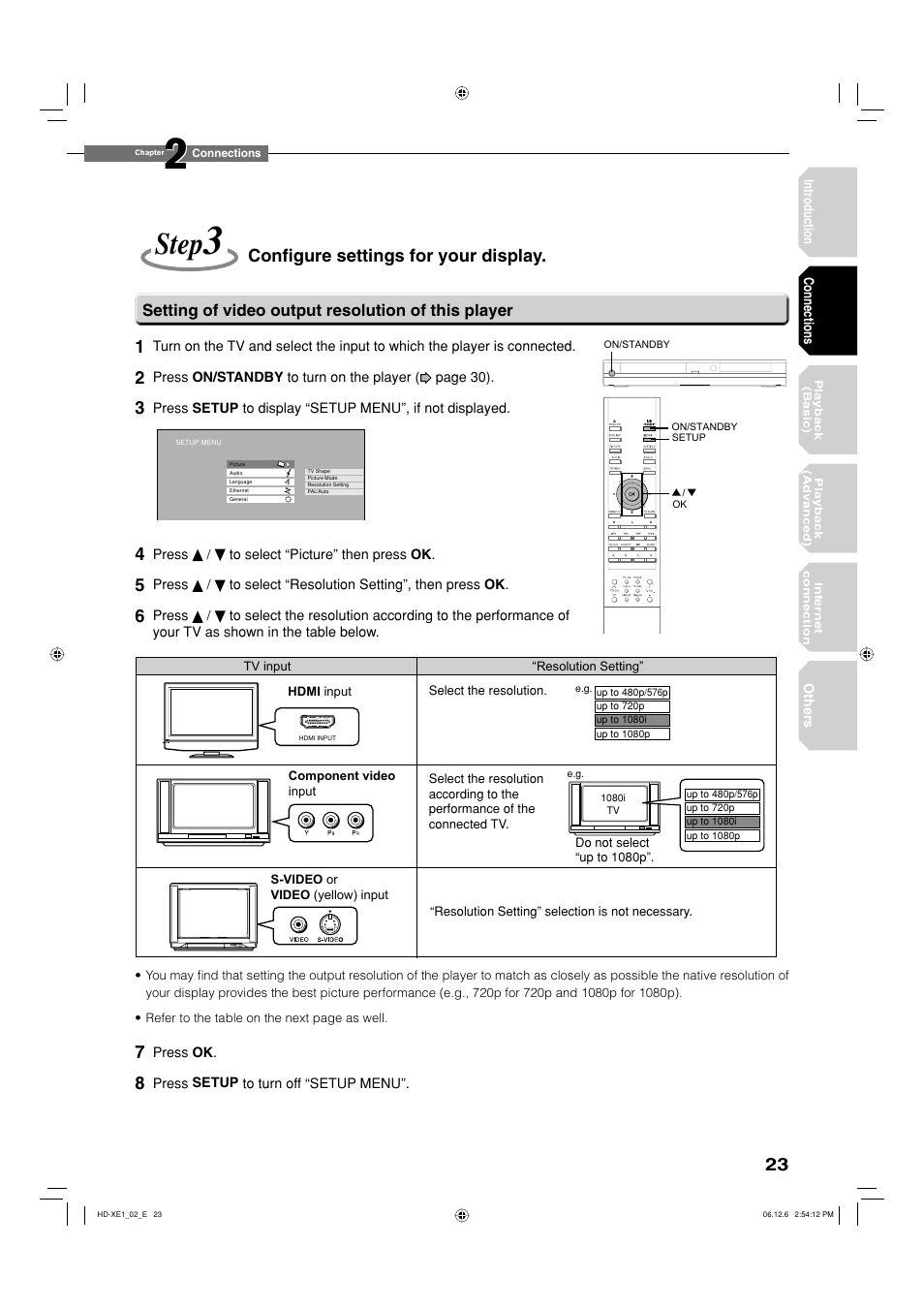 Step, Confi gure settings for your display, Setting of video output resolution of this player | Toshiba HD-XE1 User Manual | Page 23 / 76