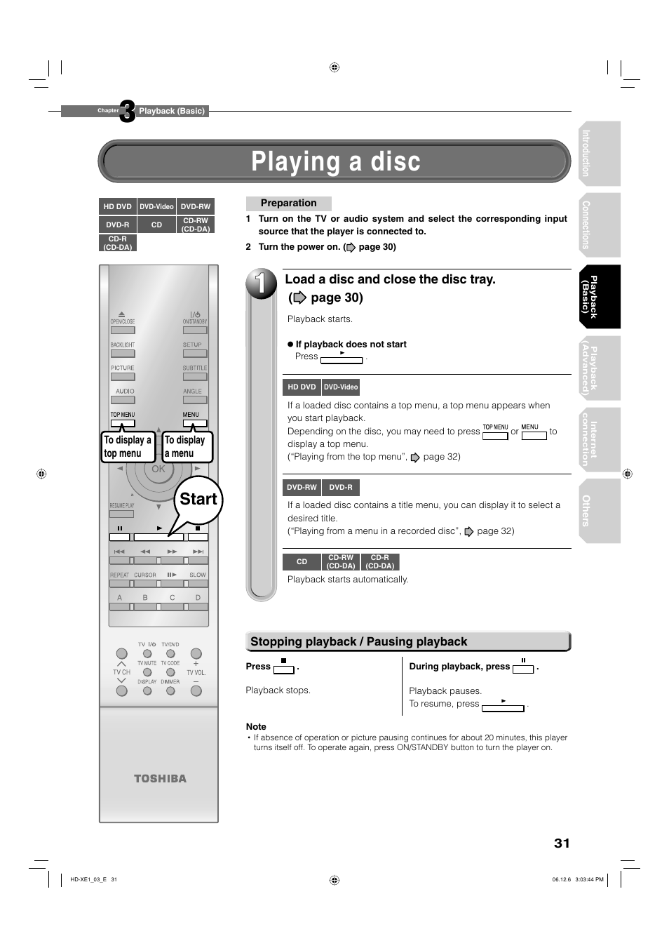 1y g, Playing a disc, Start | Load a disc and close the disc tray. ( page 30) | Toshiba HD-XE1 User Manual | Page 31 / 76