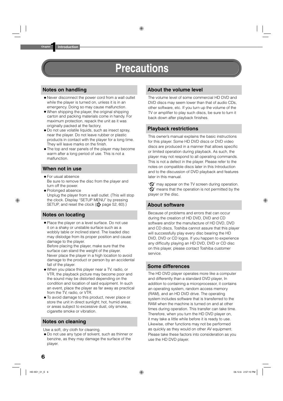 Precautions | Toshiba HD-XE1 User Manual | Page 6 / 76