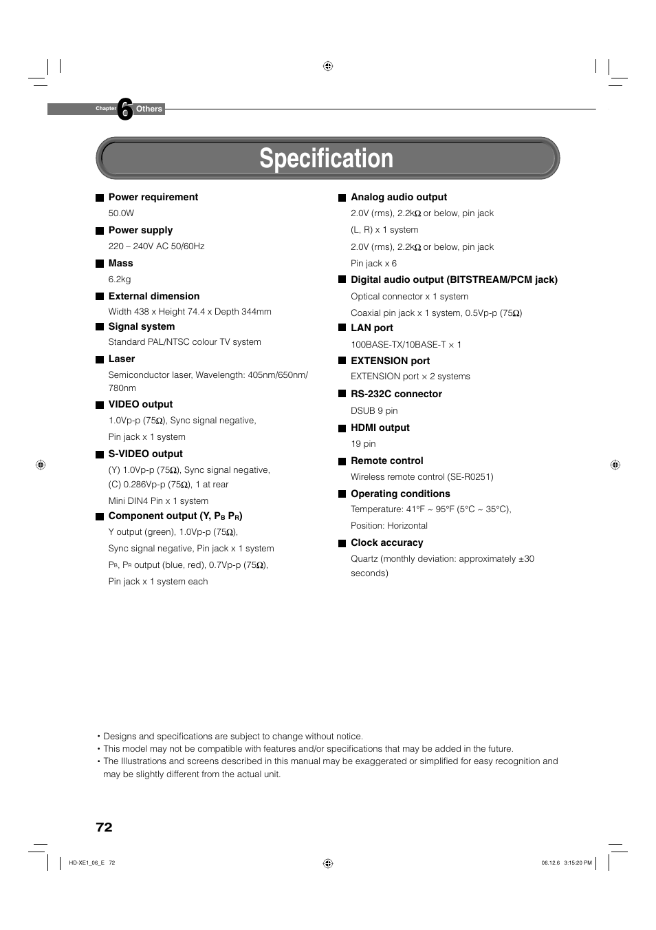 Specifi cation | Toshiba HD-XE1 User Manual | Page 72 / 76