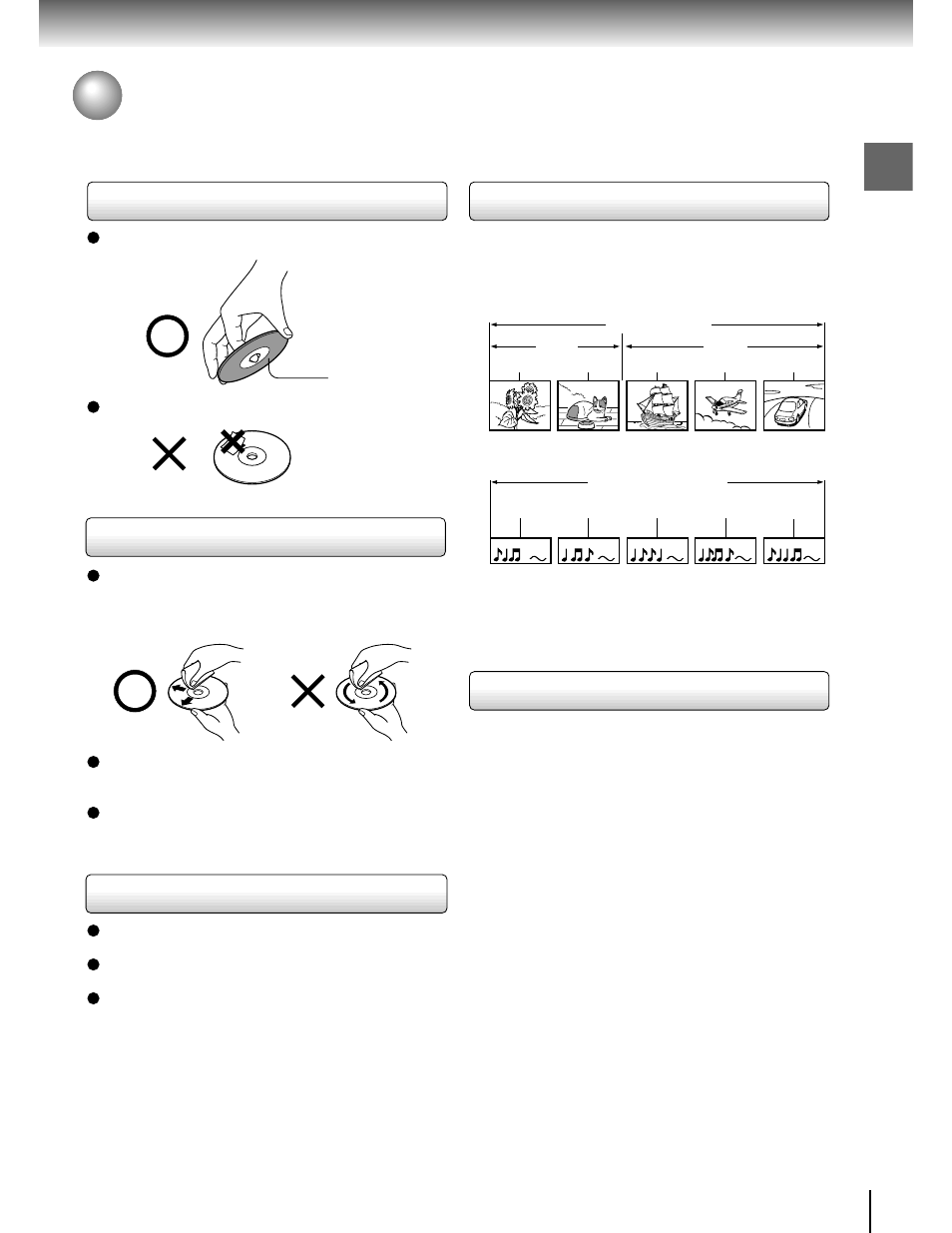 Notes on discs, On handling discs, On cleaning discs | On storing discs, Structure of disc contents | Toshiba SD-1700 User Manual | Page 9 / 51