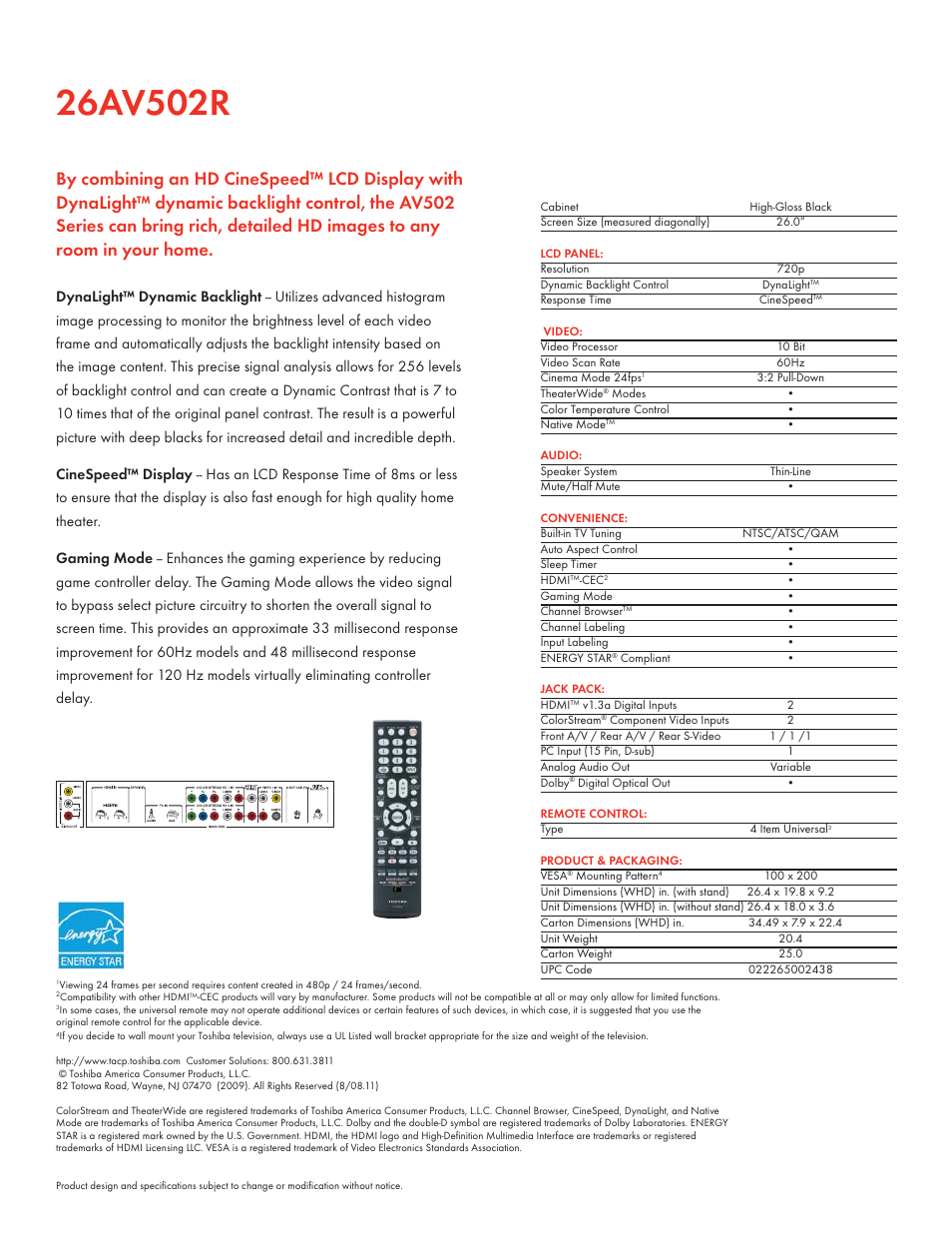 Toshiba 26AV502R User Manual | Page 2 / 2