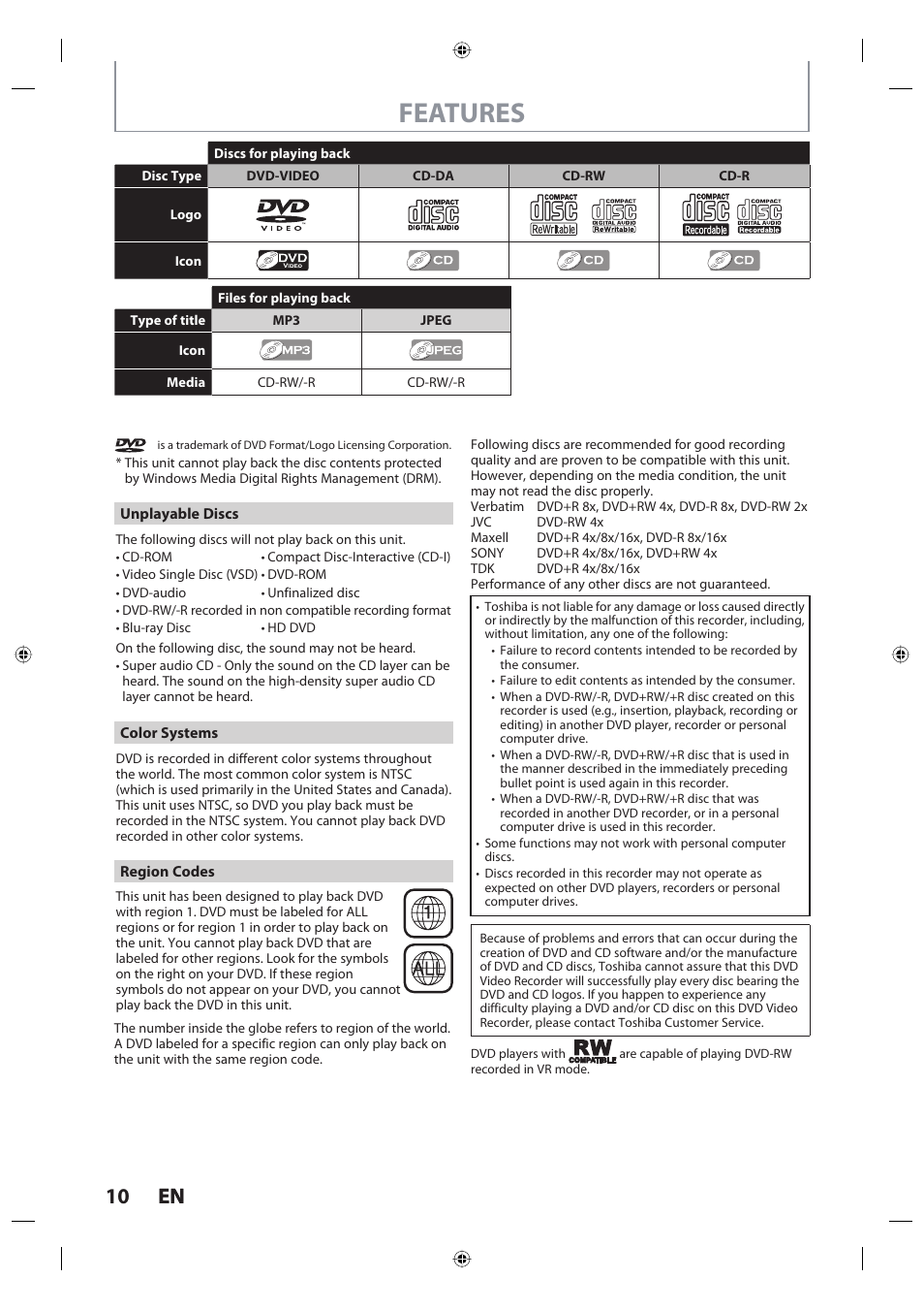 Features, 10 en 10 en | Toshiba DR420KU User Manual | Page 10 / 103