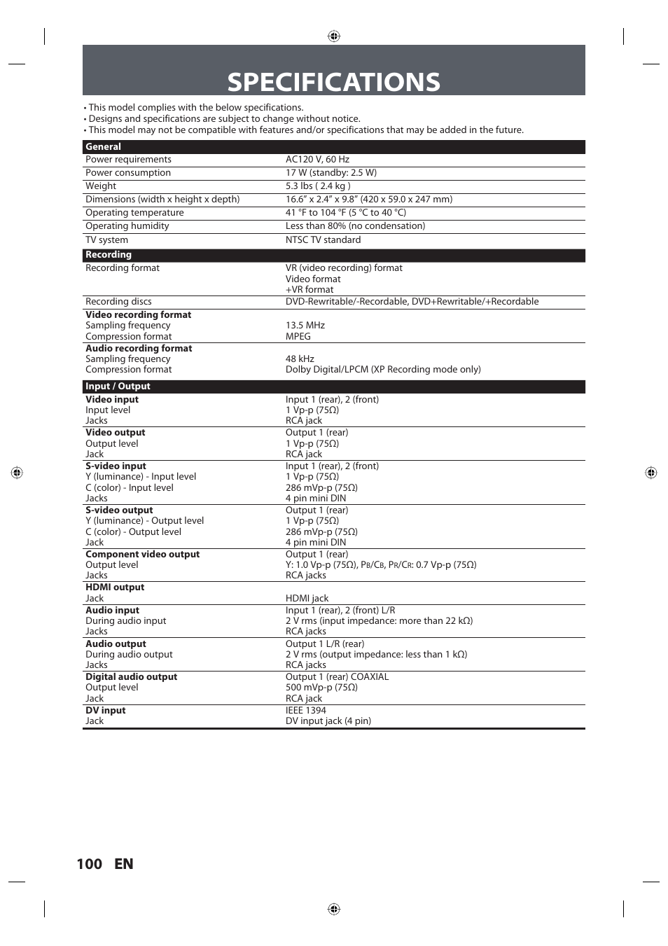 Specifications, 100 en | Toshiba DR420KU User Manual | Page 100 / 103