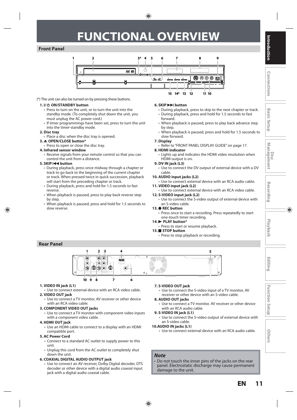 Functional overview, 11 en 11 en, Front panel rear panel | Toshiba DR420KU User Manual | Page 11 / 103