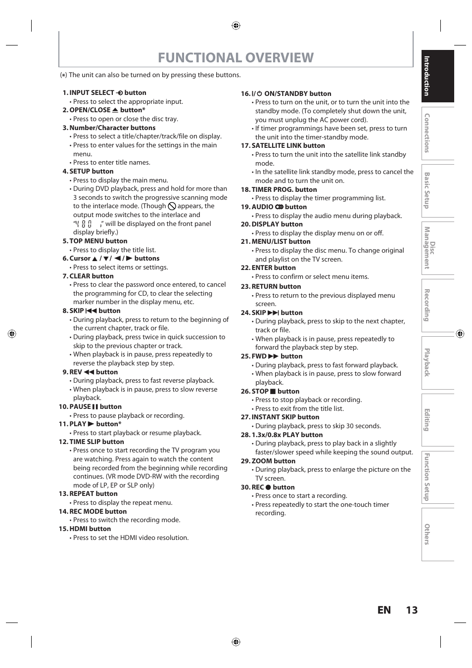 Functional overview, 13 en 13 en | Toshiba DR420KU User Manual | Page 13 / 103