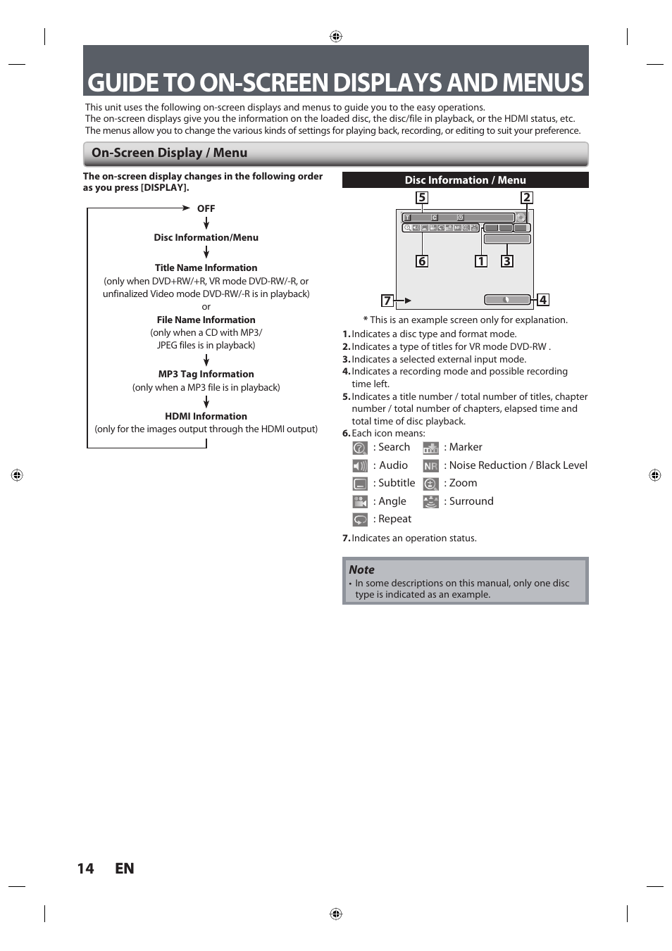 Guide to on-screen displays and menus, 14 en 14 en, On-screen display / menu | Toshiba DR420KU User Manual | Page 14 / 103
