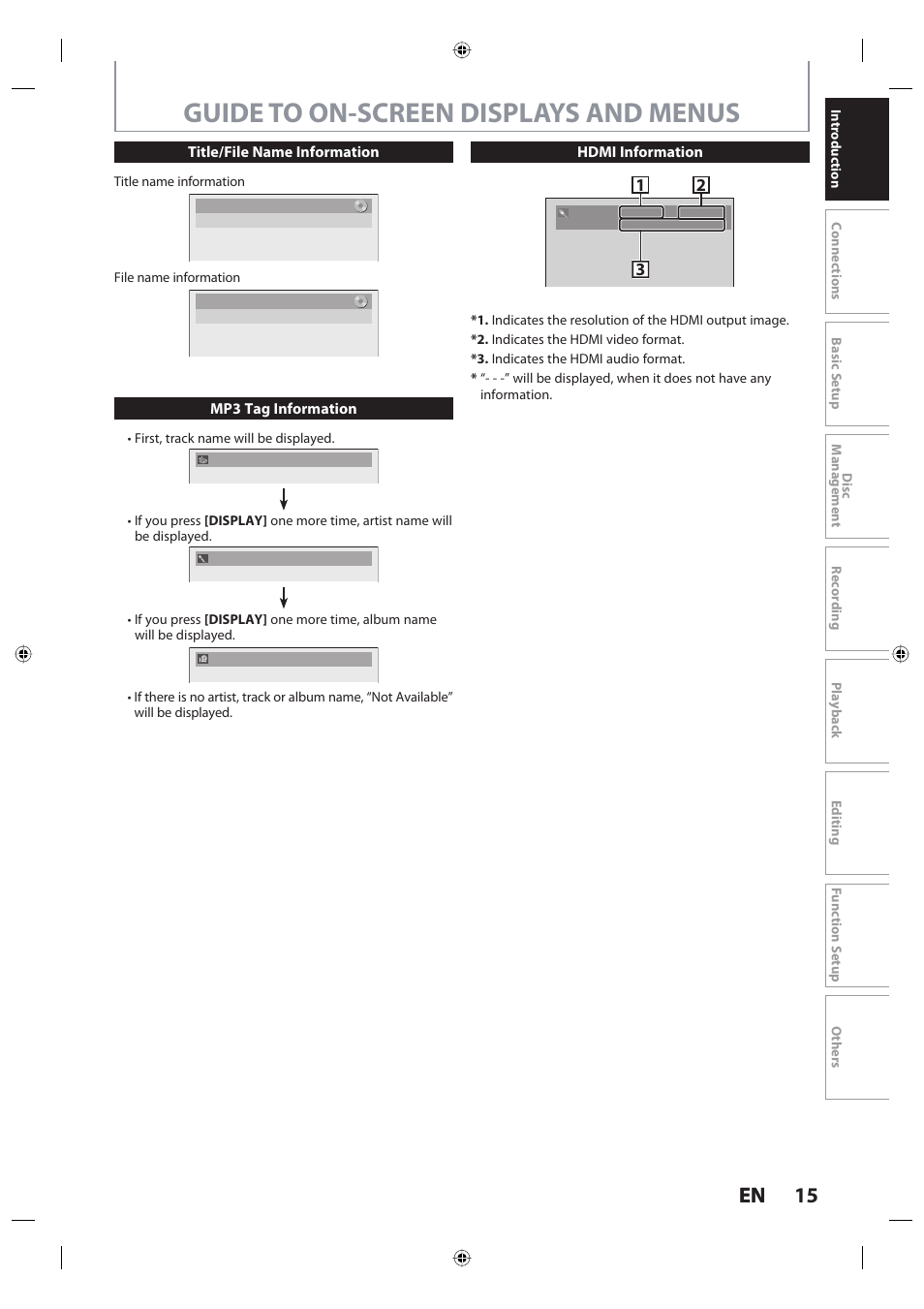 Guide to on-screen displays and menus, 15 en 15 en | Toshiba DR420KU User Manual | Page 15 / 103