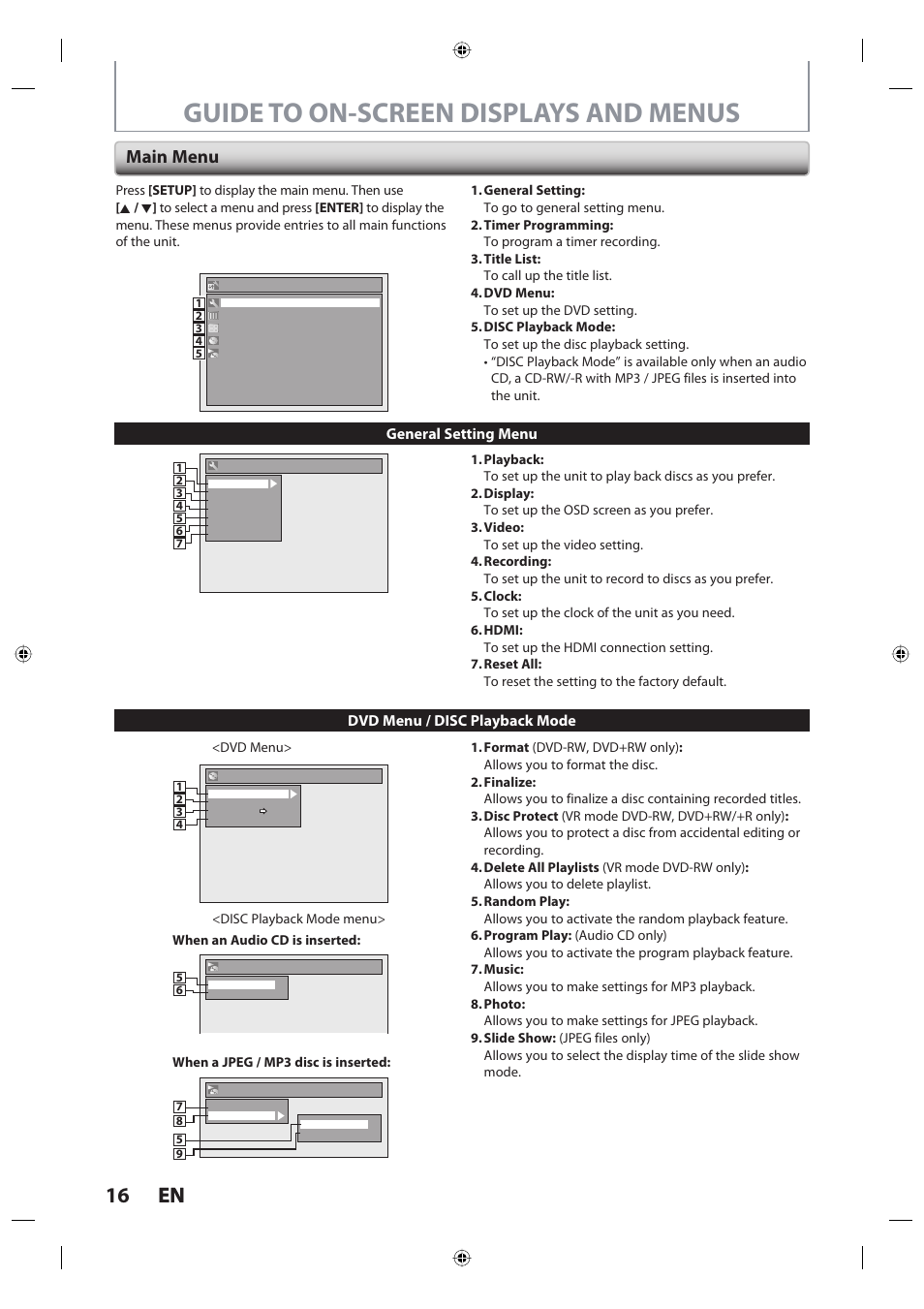 Guide to on-screen displays and menus, 16 en 16 en, Main menu | Dvd menu / disc playback mode general setting menu | Toshiba DR420KU User Manual | Page 16 / 103