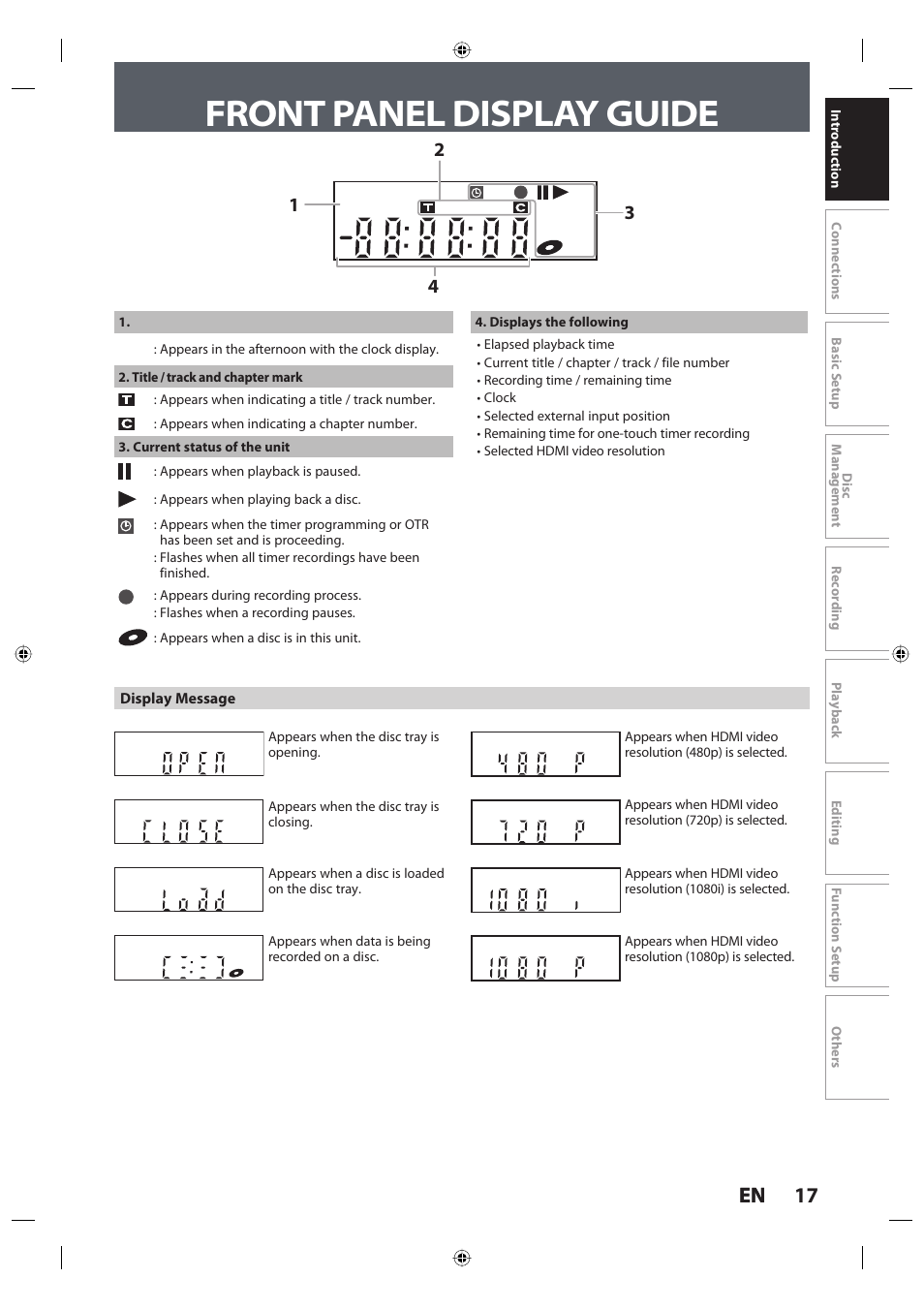 Front panel display guide, 17 en 17 en | Toshiba DR420KU User Manual | Page 17 / 103