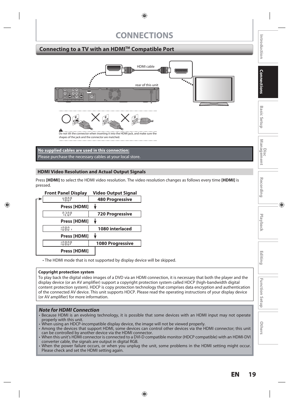 Connections, 19 en 19 en, Connecting to a tv with an hdmi | Compatible port, Hdmi video resolution and actual output signals | Toshiba DR420KU User Manual | Page 19 / 103