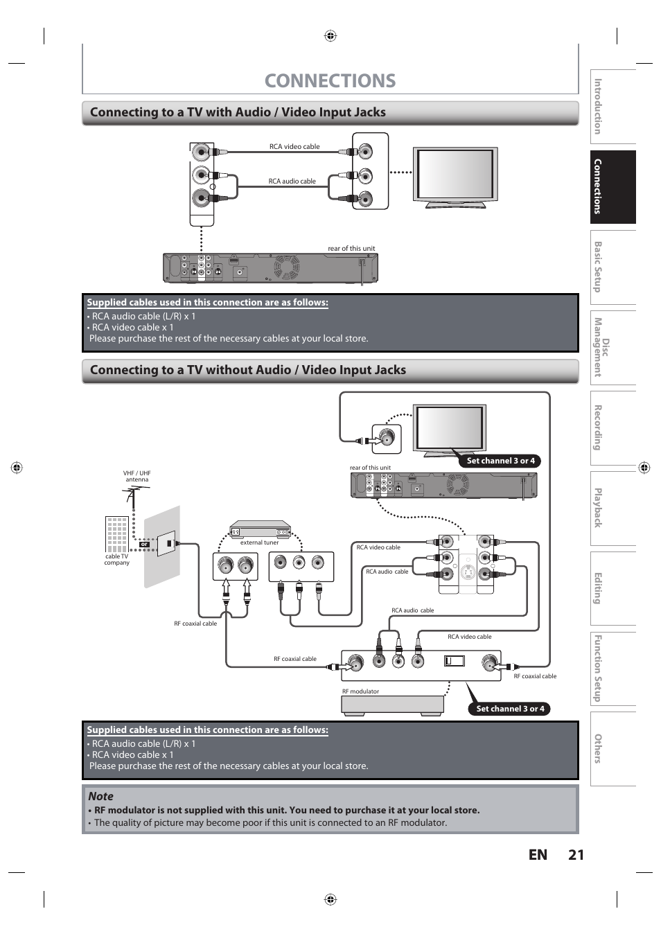 Connections, 21 en 21 en, Connecting to a tv with audio / video input jacks | Ypr/cr pb/cb, Component video out, Set channel 3 or 4 | Toshiba DR420KU User Manual | Page 21 / 103