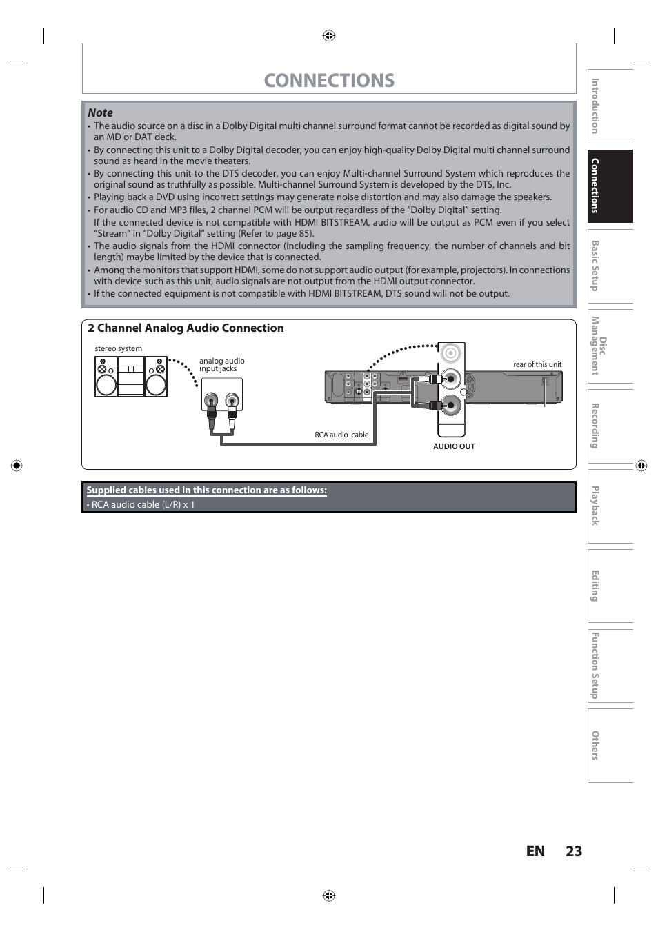 Connections, 23 en 23 en, 2 channel analog audio connection | Pr/cr pb/cb | Toshiba DR420KU User Manual | Page 23 / 103