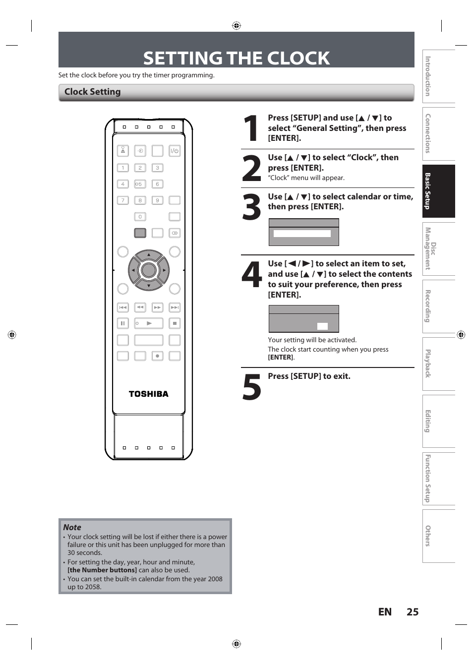 Setting the clock, 25 en 25 en, Clock setting | Toshiba DR420KU User Manual | Page 25 / 103