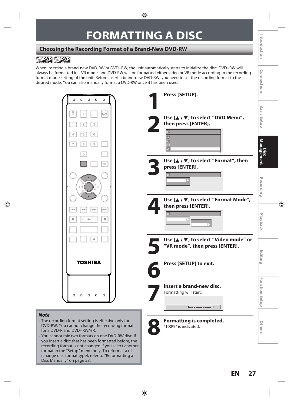 Formatting a disc, 27 en 27 en | Toshiba DR420KU User Manual | Page 27 / 103