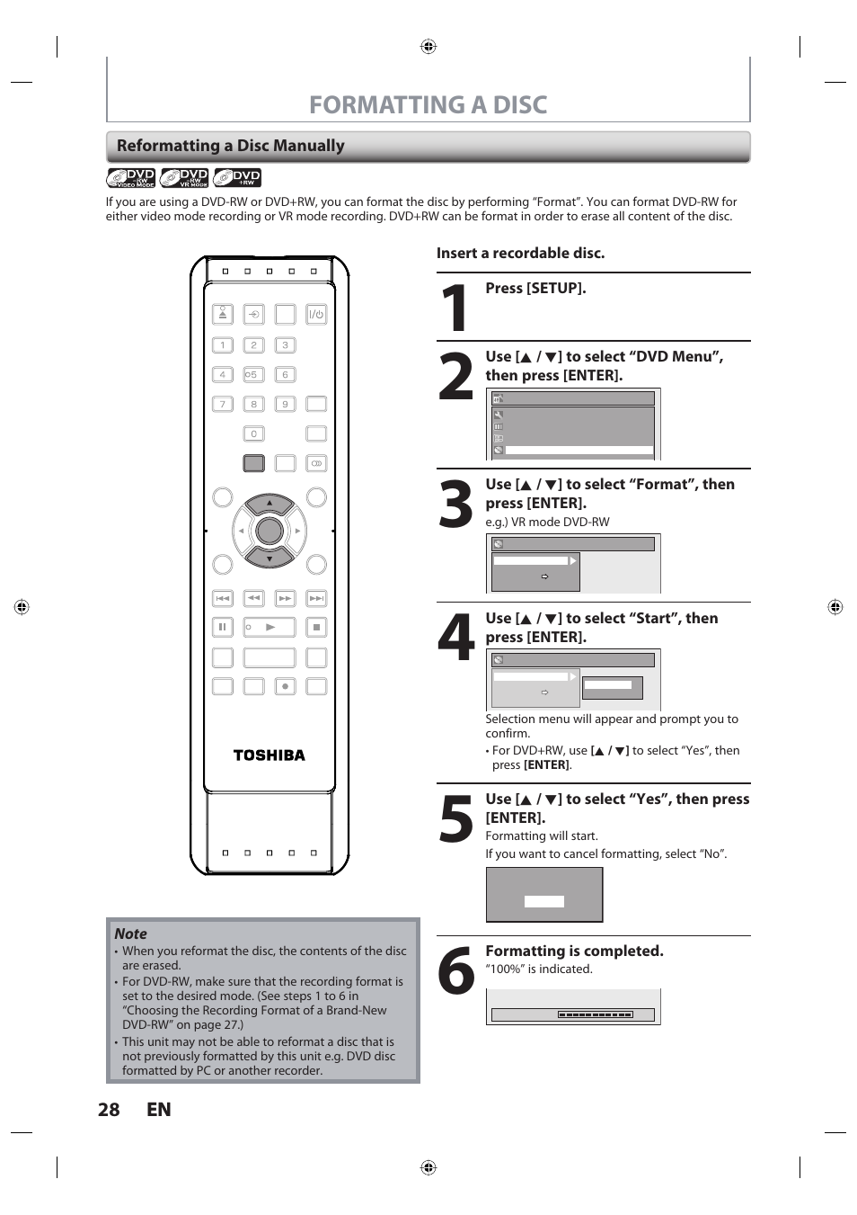 Formatting a disc, 28 en 28 en, Reformatting a disc manually | Toshiba DR420KU User Manual | Page 28 / 103