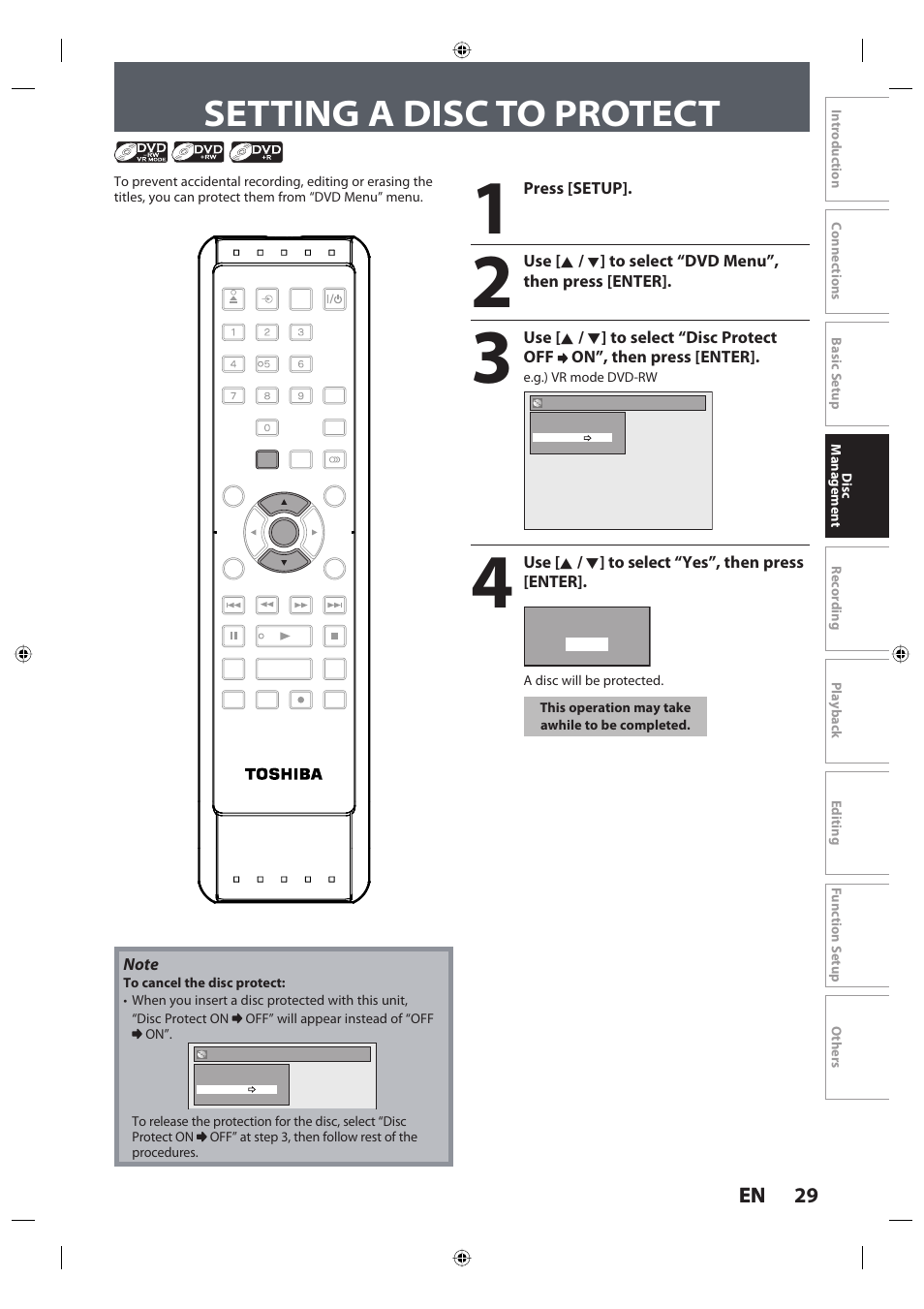 Setting a disc to protect, 29 en 29 en | Toshiba DR420KU User Manual | Page 29 / 103