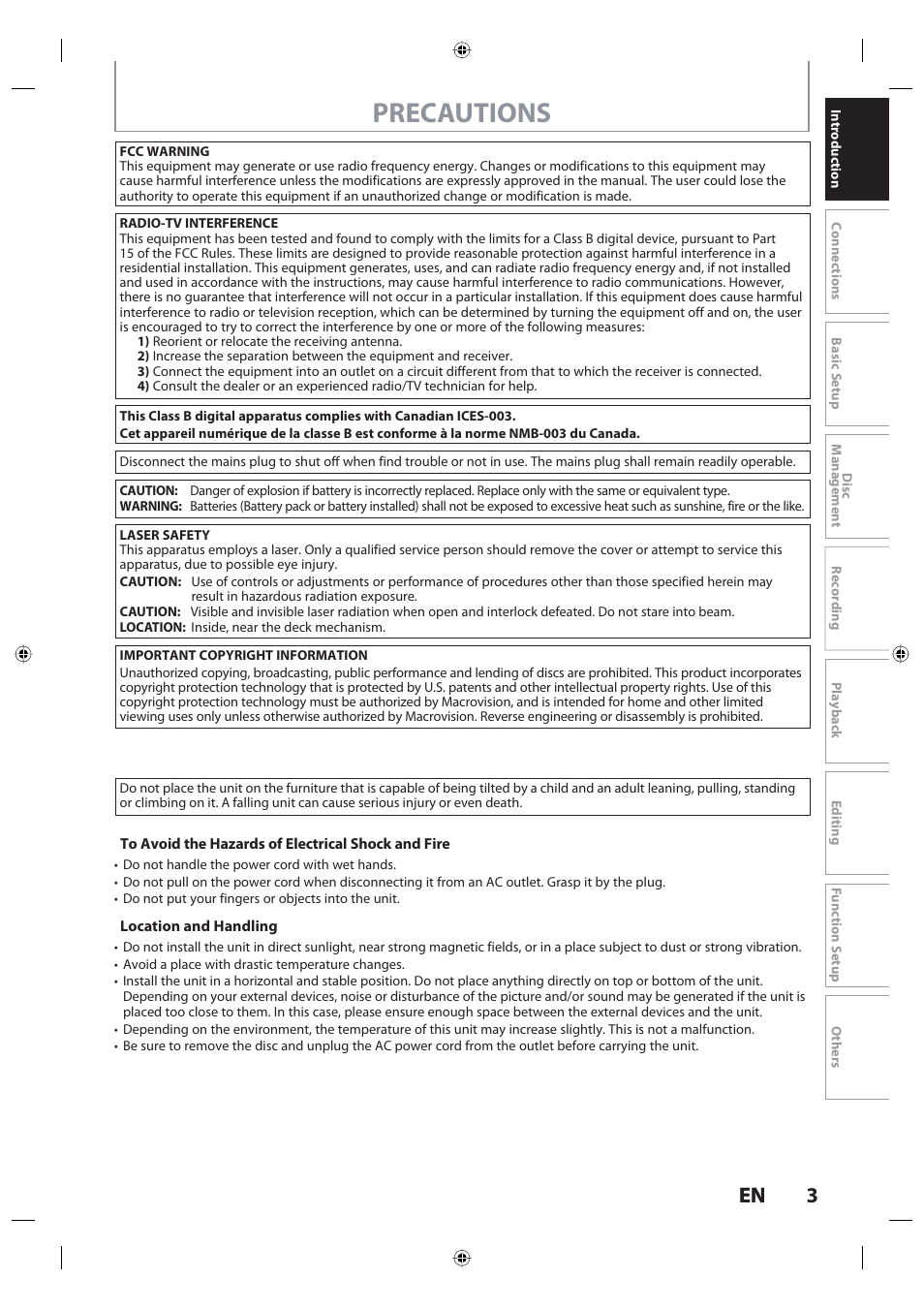 Precautions, 3en 3 en | Toshiba DR420KU User Manual | Page 3 / 103