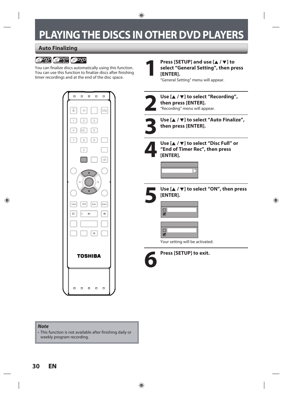 Playing the discs in other dvd players, 30 en 30 en | Toshiba DR420KU User Manual | Page 30 / 103